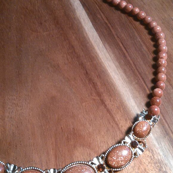 Gold Sandstone and Brown Austrian Crystal Beaded Goldtone Dragon Necklace - Picture 8 of 13